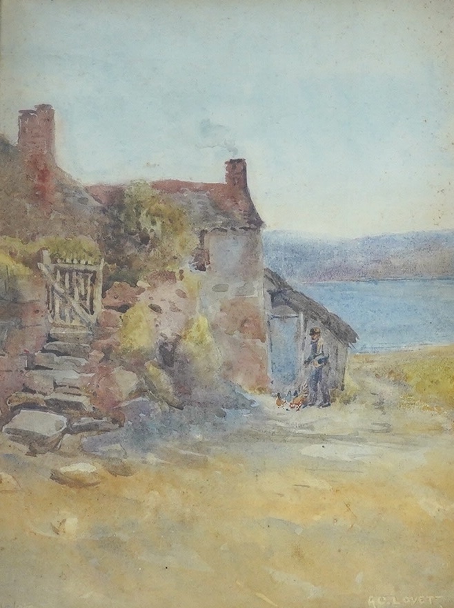 A. C. Lovett (Exh. 1899-1901), watercolour, Figure beside cottages, signed, 33 x 24cm. Condition - fair